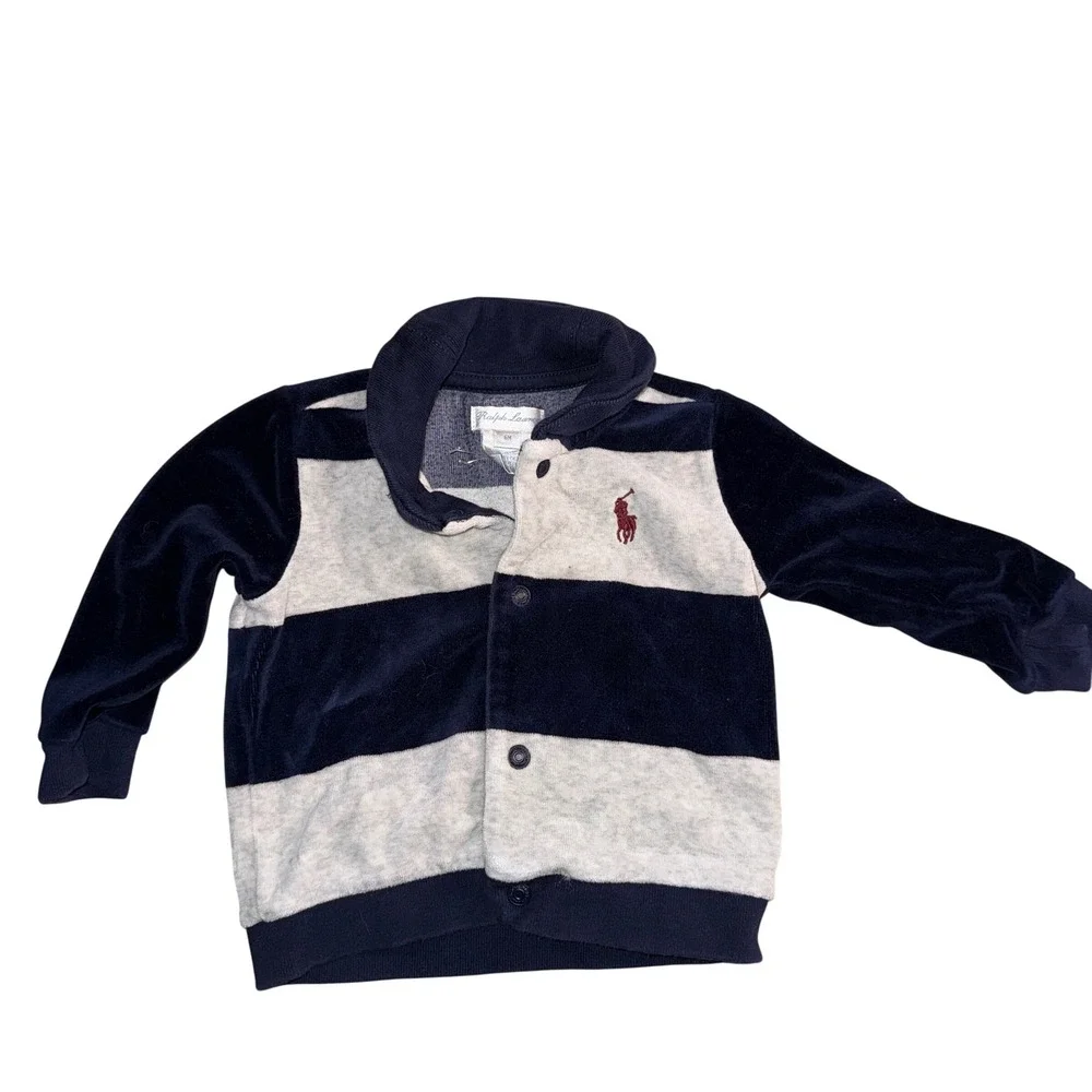 Ralph Lauren Velour Cardigan 6M Navy Gray Striped Shawl Collar Pony Logo